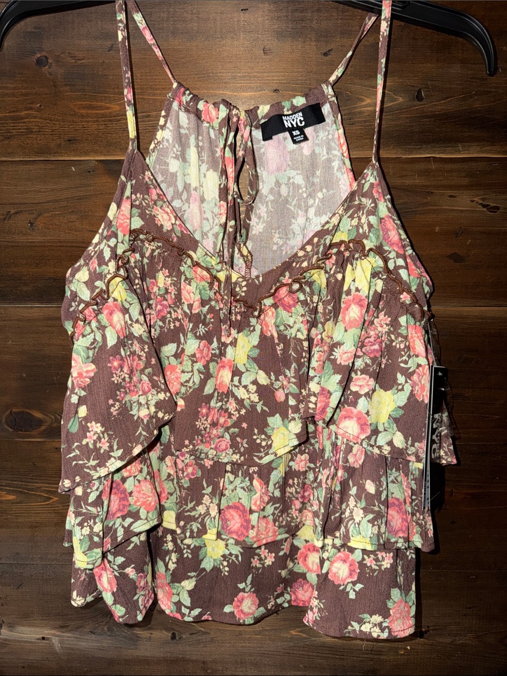 NYC Floral Ruffle Brown Spaghetti-Strap Camisole